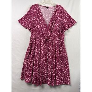 Torrid Floral Faux Wrap Dress Womens 2 Burgundy Short Sleeve Pockets